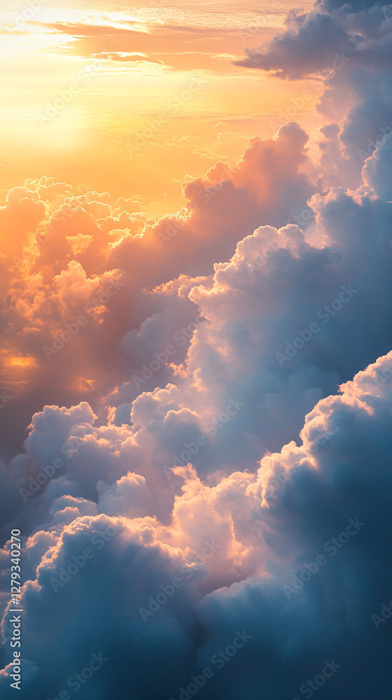 Poster a close-up view of soft clouds in the sky at sunset, with golden light illuminating the clouds, repr