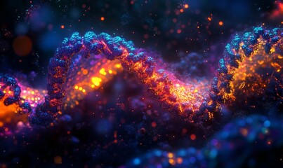Vibrant Abstract DNA Strands Texture, Multicolored Genetic Concept Art, Biochemical Science Theme, 3D Visual, Night Setting, Bright and Intricate Patterns, Molecular Biology Inspired Artistic