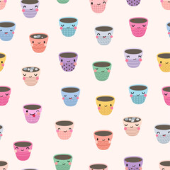 Plant pots seamless pattern. Kawaii funny emotional pot, gardening equipments. Decorative print design for fabric, website, wrapping, vector background