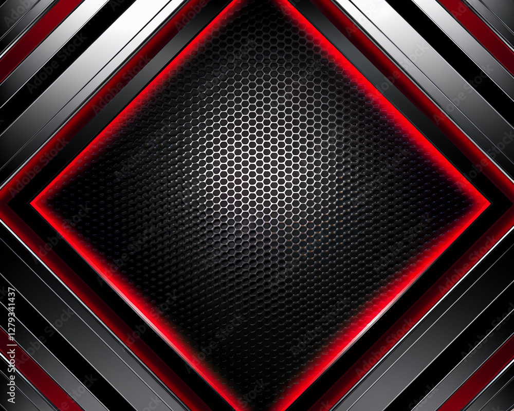 Poster A dynamic high contrast digital background featuring a hexagonal mesh pattern with sleek metallic borders and glowing red edges, representing modern technology and innovation. Gamer background