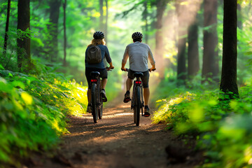 Naklejka premium A couple cycling through a sunlit forest trail, surrounded by lush greenery and morning mist, enjoying an adventurous outdoor ride