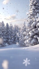 A softly rendered winter scene with falling snowflakes and trees