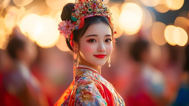 Elegant woman in red and gold traditional Chinese dress adorned with floral ornaments, radiates grace and cultural pride as she poses under warm festival lights at Hong Kong Arts Festival