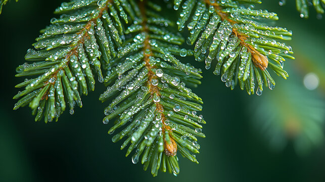 Pine needles covered with morning dew drops in forest, showcasing crystal clear water droplets on evergreen branches in natural light