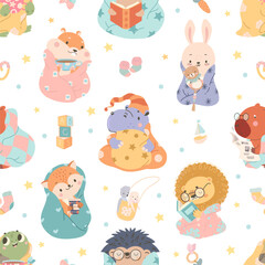 Cozy animals seamless pattern. Lion hippo hamster fox bunny in warm blankets and plaids. Cartoon animals childish print for fabric, nowaday vector background