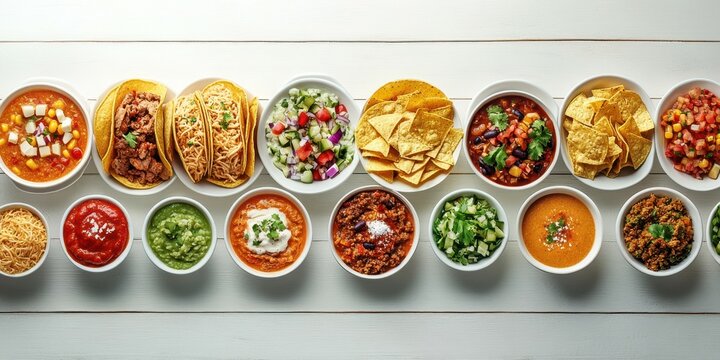 Colorful spread of Mexican dishes showcasing tacos, sauces, and side dishes in a vibrant display on a wooden table