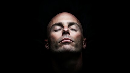 Obraz premium Close-up portrait of a bald man with his eyes closed, illuminated against a dark background. Serene and contemplative mood.