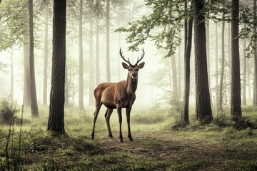 Majestic deer standing in a misty forest during early morning
