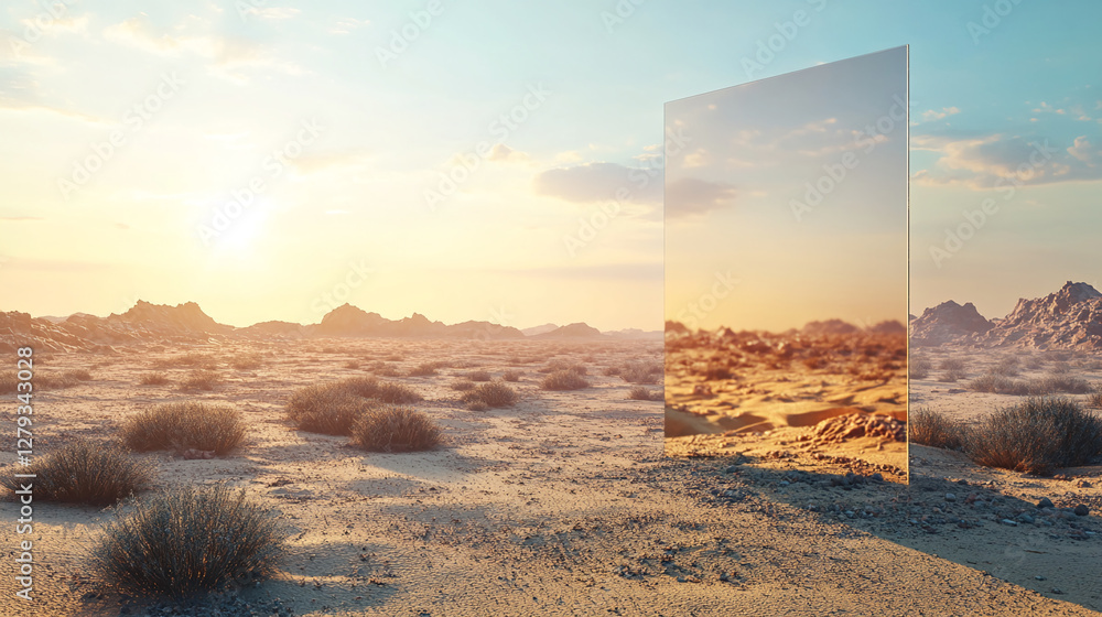 Aufkleber a reflective mirror placed in the desert, capturing the vast landscape, symbolizing illusion, percep