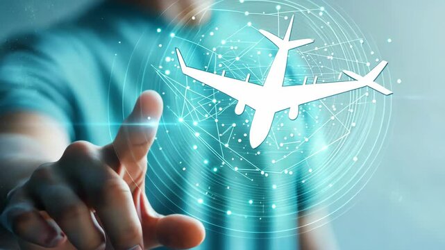 A man is pointing at an airplane in a blue shirt. Concept of excitement and adventure, as the airplane represents travel and exploration. The man's finger is hovering over the airplane