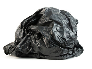 Crumpled black trash bag on a white background