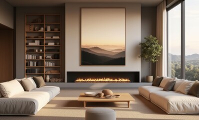 Modern living room with mountain view