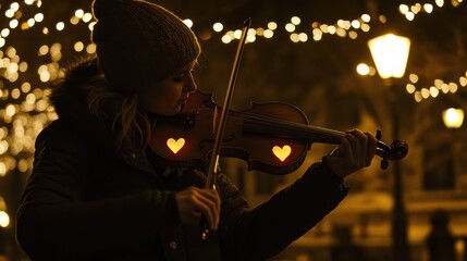 Fototapeta premium Young woman playing violin outdoors with festive lights at night