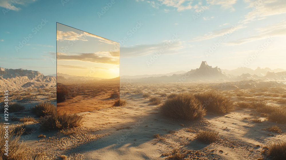 Poster A reflective mirror in a desert landscape capturing the surreal and distorted view of the surrounding environment, symbolizing illusion, self-reflection, and contrast.