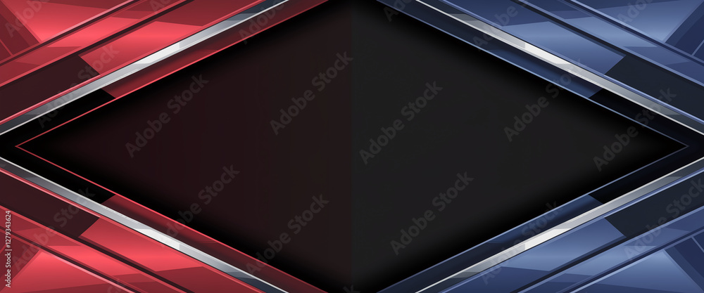 Poster a modern and bold background with dynamic diagonal lines in red and blue, accented by metallic silve