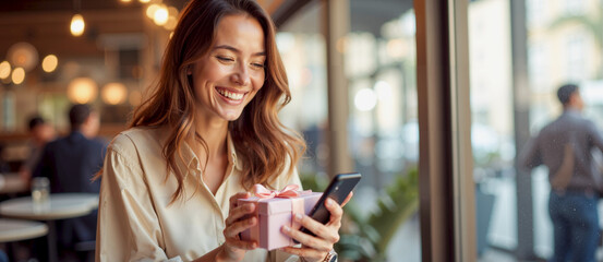 Happy Woman with Gift Checking Her Phone