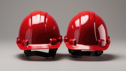 Fototapeta premium two red clean protective helmet front view on a gray background. mockup