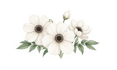 Delicate white anemones with green leaves