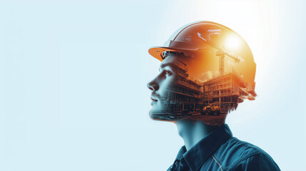 Cityscape overlay digital art of a construction worker profile