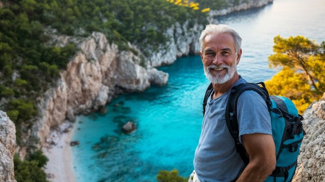 Active senior man at scenic coastal viewpoint with backpack. Ideal for adventure travel, active retirement, or outdoor lifestyle content.
