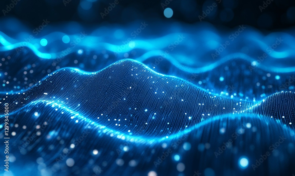 Poster abstract digital blue landscape with flowing particles, representing data and technology
