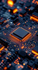 Advanced Technology Circuit Board with Orange Illuminated Hues - Futuristic Microchip Close-up in Warm Tones, High-tech Engineering Concept, Modern Electronics and
