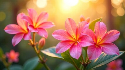 Fototapeta premium A bunch of pink flowers with yellow centers are in a field. The flowers are in full bloom and are surrounded by green leaves. The scene is peaceful and serene