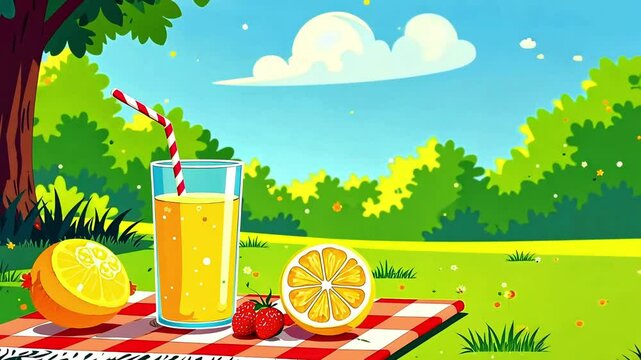 Lemonade is refreshing on a hot summer day. Lemon cocktail in a glass on a forest glade, picnic, cartoon vector style