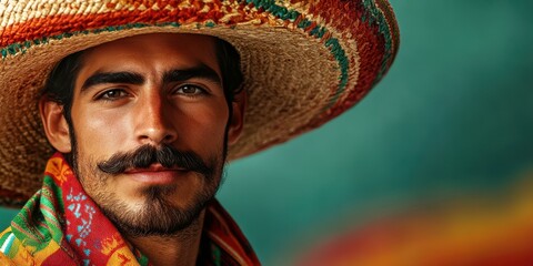 Charismatic man wearing a sombrero and colorful scarf poses against a vibrant background in a festive atmosphere