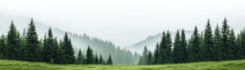 Lush Green Forest Landscape with Misty Mountains in the Background on a Peaceful Foggy Day