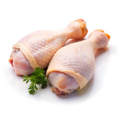 Raw chicken leg or drumstick isolated on white background with full depth of field. Top view