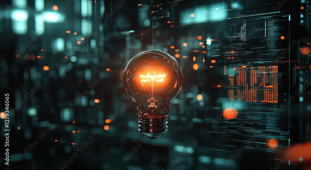 Aufkleber a glass light bulb emits warm orange light in a futuristic digital environment filled with glowing d