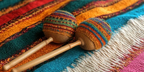 Colorful handmade maracas placed on a vibrant woven textile showcasing traditional craftsmanship and design