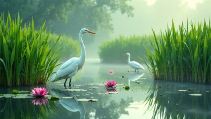 Obraz premium A white bird is standing in a pond with pink flowers. The scene is peaceful and serene