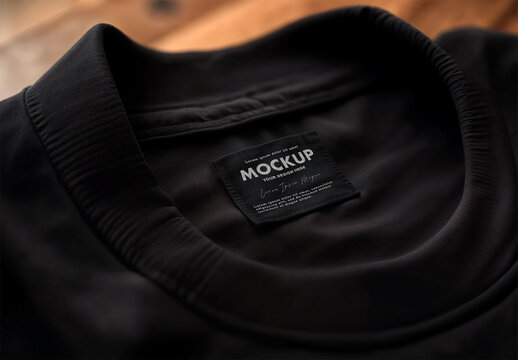 Realistic Clothing Label Mockup on a Black T-shirt