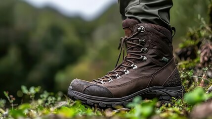 A close-up of a sturdy hiking boot on a natural trail.