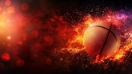Basketball in fiery explosion, dramatic background, sports action