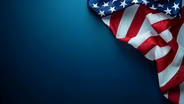 American Flag on Deep Blue A Patriotic Image of the Stars and Stripes Waving on a Dark Blue Background with Copy Space - Powered by Adobe