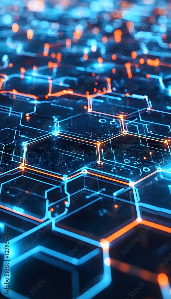 Poster the futuristic abstract network of geometric circuit lines shining brilliantly