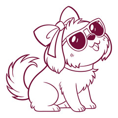 cute shih tzu dog with bow and sunglasses silhouette line art