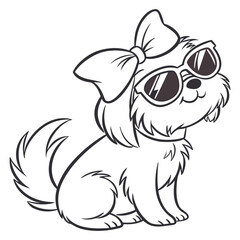 cute shih tzu dog with bow and sunglasses silhouette line art