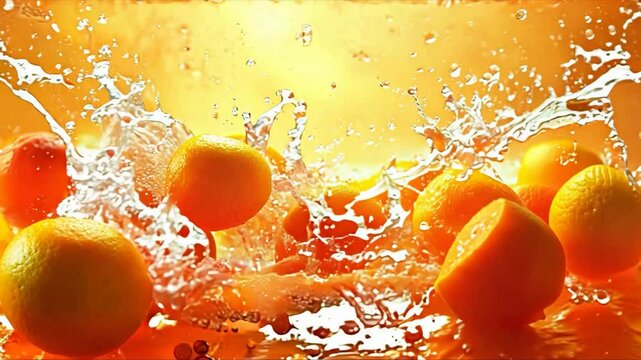 Splash of orange juice is splashing out of a glass. The oranges are floating in the water