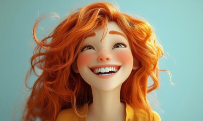 Fototapeta premium Happy Ginger-Haired Woman Cartoon Character Laughing, 3D-Style Portrait of Smiling Redhead Female with Joyful Expression on Light Background, Emotional Cheerful