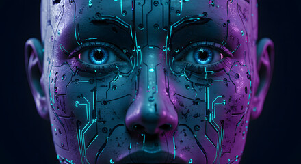 Futuristic human face with glowing circuit patterns on skin, symbolizing AI and technology integration.