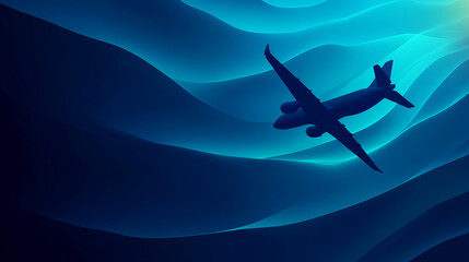 Naklejka premium Silhouette of an airplane flying through abstract blue waves, symbolizing travel, freedom, and adventure in a modern, dynamic atmosphere with motion and energy.