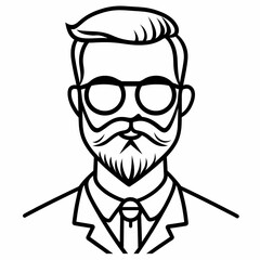Black and white line art icon of a scientist with a short beard and moustache for science-related designs.

