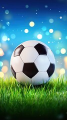Naklejka premium Soccer ball on grass, night sky background, sports image, use in ad, poster, or website