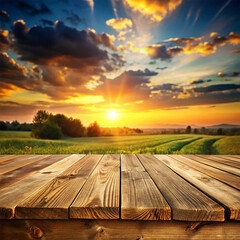 empty wooden table in sunset Wooden table top with blurred sunset  