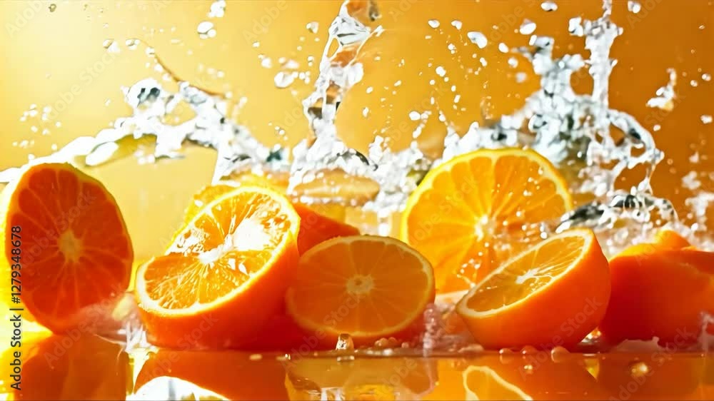 Poster close up of oranges and water droplets. the oranges are floating in the water and the droplets are f