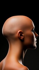 Profile view of a bald woman against a dark background. Her skin tone is rich and warm.  A powerful image of beauty and strength.